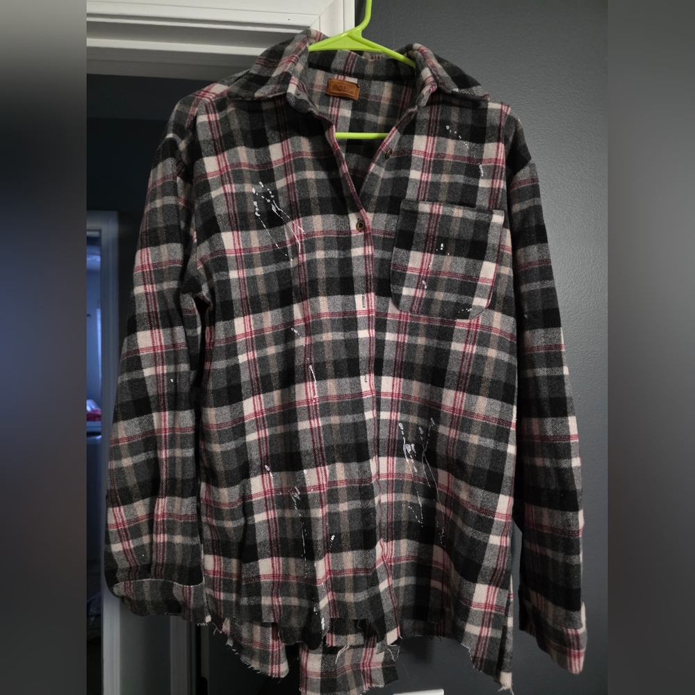 POL Gray and Red Distressed Plaid Shirt W/ Paint Splatters